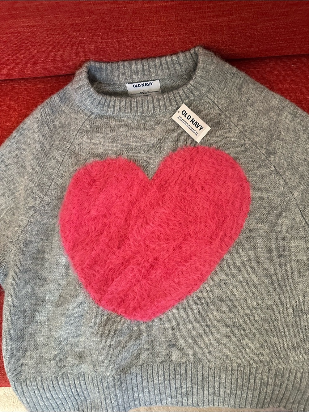 Old Navy Gray Crewneck Sweater with Pink Fuzzy Heart